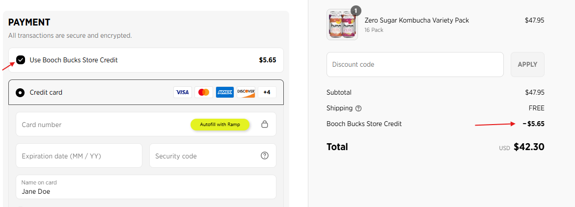 Booch Bucks Store Credit being applied at checkout