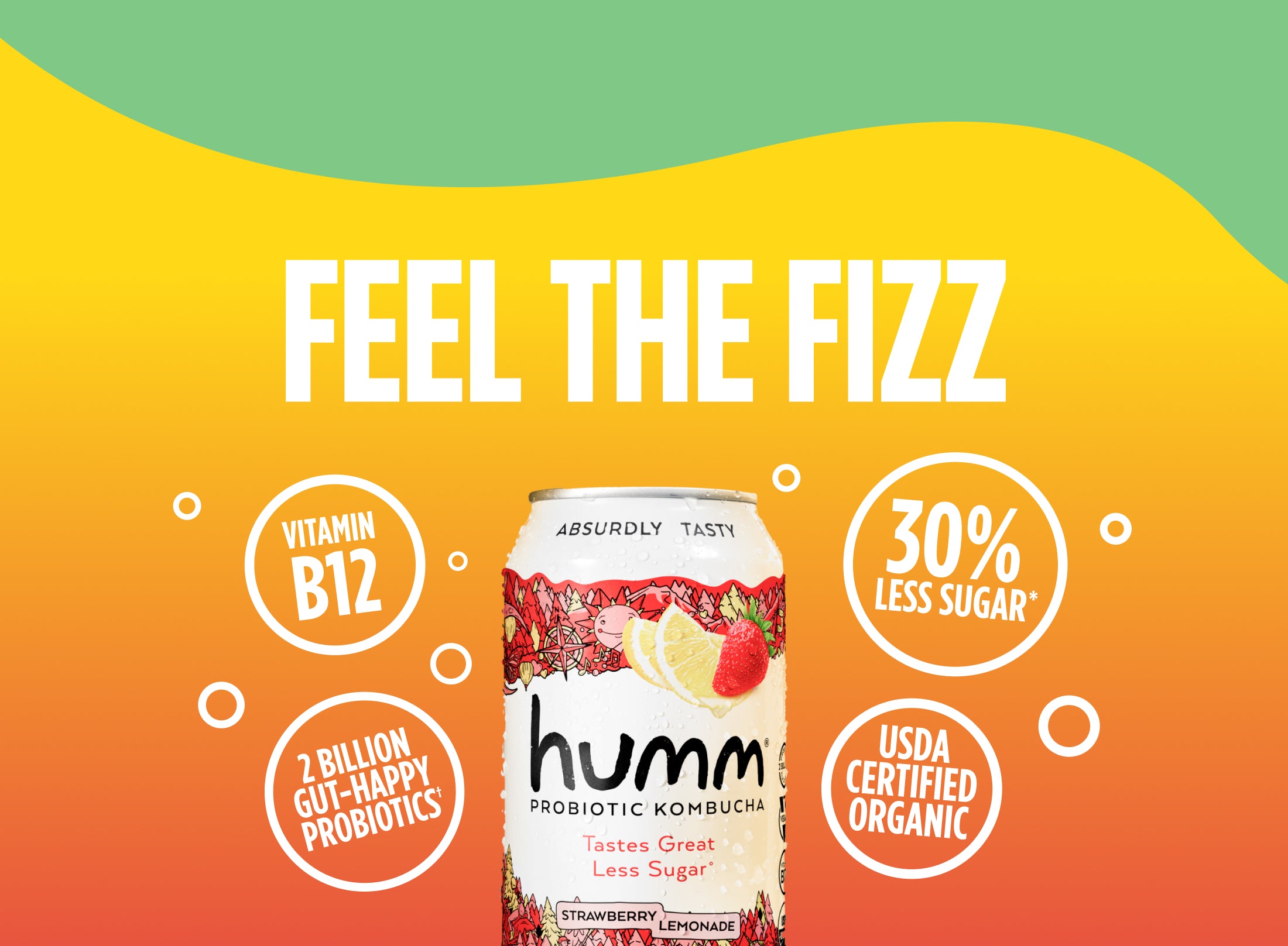 feel the fizz with vitamin b12, probiotics, less sugar, and organic kombucha!