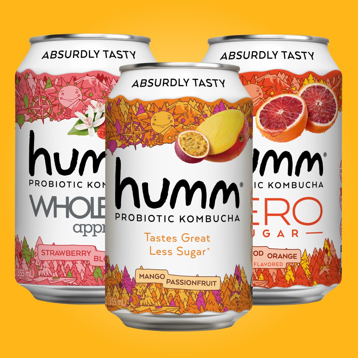 humm kombucha sampler variety pack flavors - can images of mango passionfruit, strawberry blossom, blood orange kombuchas. 
