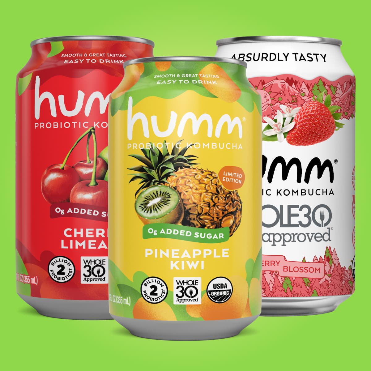 Whole30 Kombucha summer variety pack flavors - Pineapple kiwi, cherry limeade, strawberry blossom