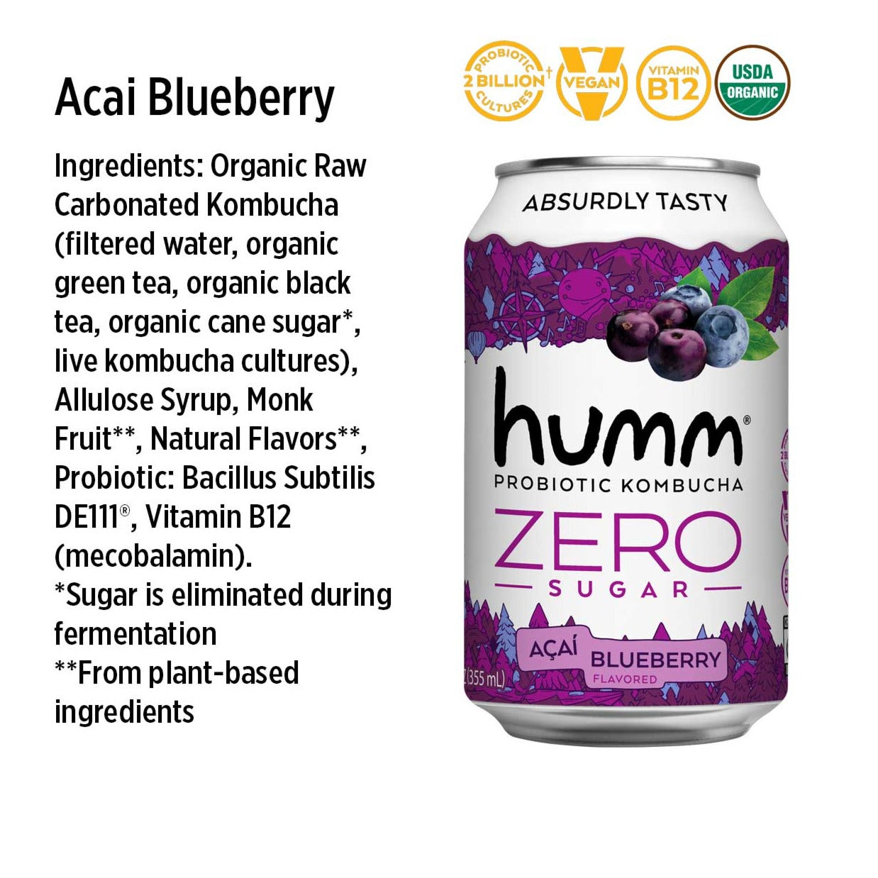 acai blueberry zero sugar kombucha ingredients