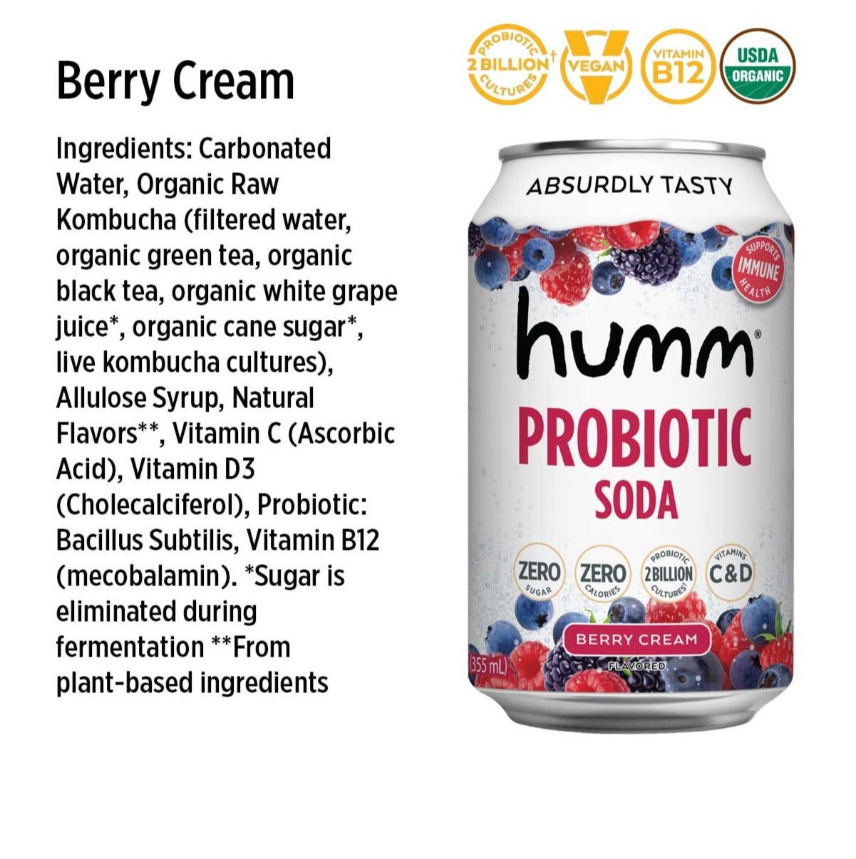 Berry Cream Probiotic Soda - Humm Kombucha