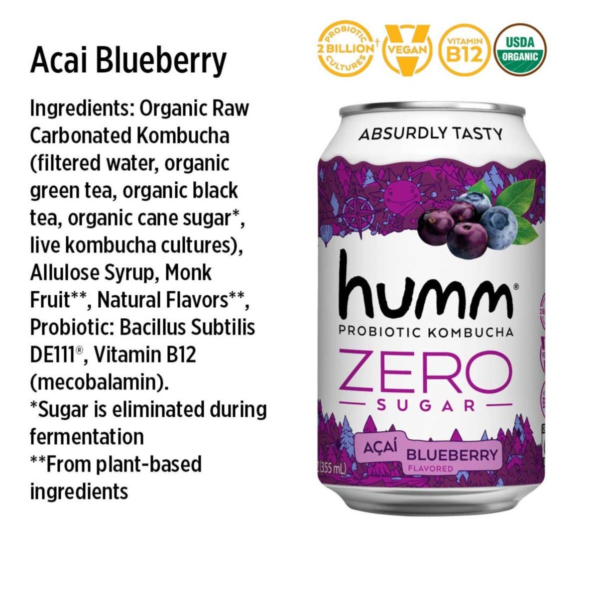 Zero Sugar Acai Bluberry Kombucha - Humm Kombucha