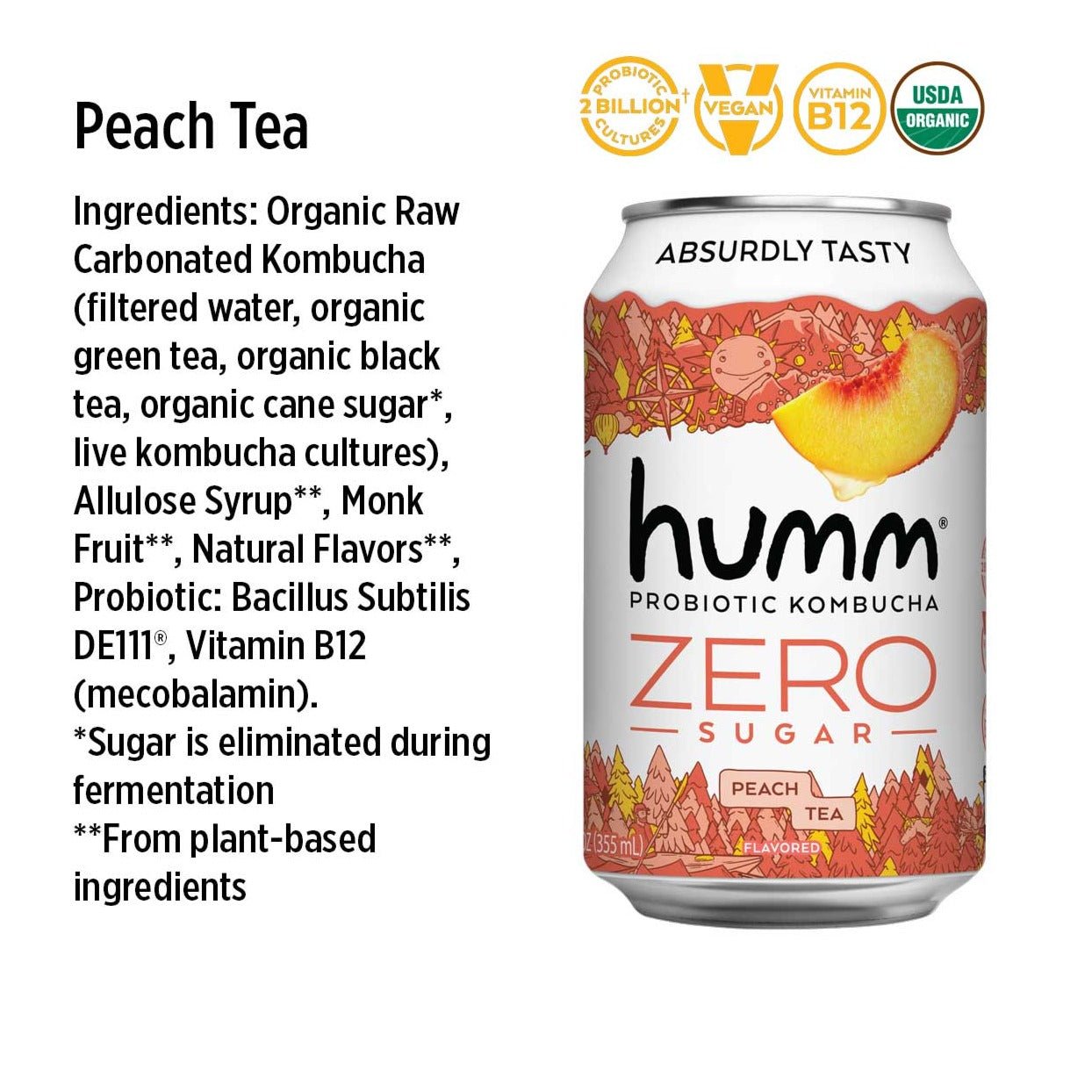 Zero Sugar Peach Tea Kombucha - Humm Kombucha